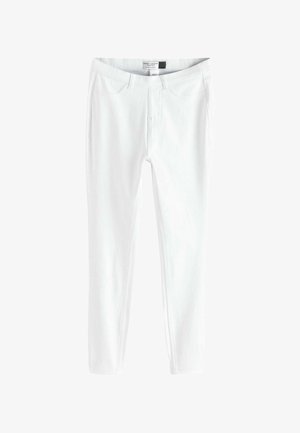White cropped jersey leggings with front pockets and belt loops, designed for a slim fit and casual wear.