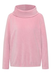 Pehmeä vaaleanpunainen pitkähihainen velour-toppi, jossa on leveä, käännettävä kaulus ja joustava helma.
