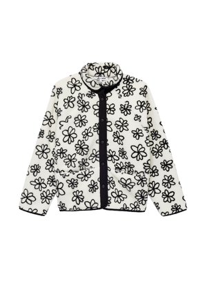 Fleecejack met een witte basis en zwarte bloemenpatronen, een hoge kraag, zwarte knopen en twee zakken aan de voorkant. Getextureerde stof.
