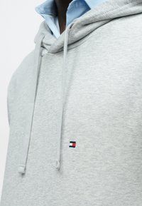 Ανοιχτό γκρι φούτερ με κορδόνια, φορεμένο πάνω από μπλε πουκάμισο με γιακά, με ένα μικρό κόκκινο, λευκό και ναυτικό σήμα σημαίας στο στήθος.