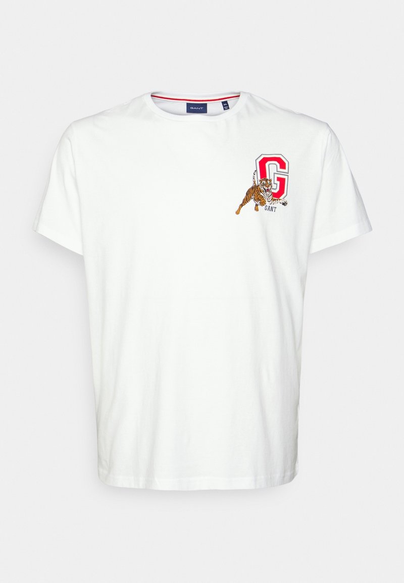 Weißes Baumwoll-T-Shirt mit Rundhalsausschnitt, kurzen Ärmeln und einem gestickten Tiger-Motiv mit rotem und weißem Buchstaben "G" als Akzent.