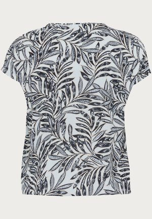 Floral-patterned short-sleeve top featuring black and white leaf designs on a light background, made of lightweight fabric with a relaxed fit.