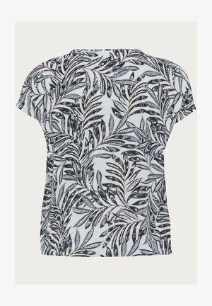 Blommönstrad kortärmad topp med svart- och vitbladsmönster på en ljus bakgrund, tillverkad av lättviktig tyg med avslappnad passform.