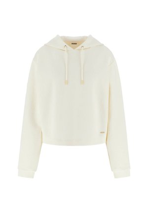 Crème crop hoodie met een textuurpatroon, een trekkoordcapuchon en accenten van goudkleurig beslag. Voorzien van lange mouwen en geribbelde manchetten.