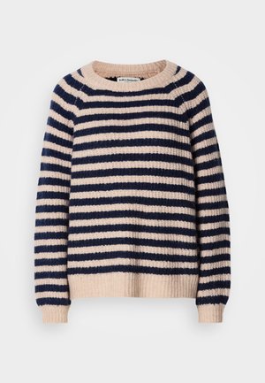 Stripet genser i myk strikk, med vekslende marineblå og beige striper, ribbet halslinning, mansjetter og hem. Klassisk rund hals design.