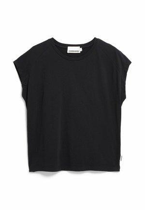 Schwarzes T-Shirt mit kurzen Ärmeln aus weicher Baumwolle. Verfügt über einen rund ausgeschnittenen Ausschnitt und eine lockere Passform mit einem kleinen Markenlabel an der Seite.