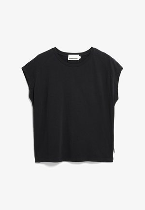 Schwarzes T-Shirt mit kurzen Ärmeln aus weicher Baumwolle. Verfügt über einen rund ausgeschnittenen Ausschnitt und eine lockere Passform mit einem kleinen Markenlabel an der Seite.