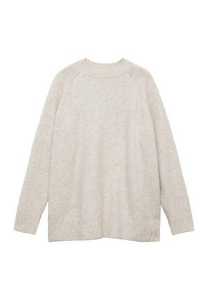 Light beige sweater made of soft material, featuring a round neckline, long sleeves, and ribbed cuffs and hem for added texture.