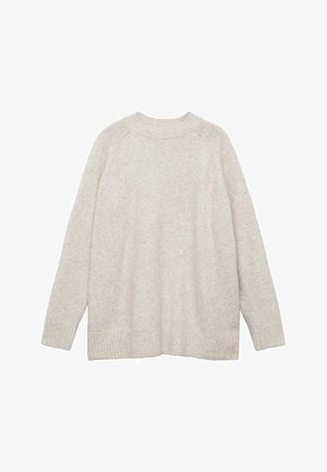 Svetlobežový sveter vyrobený z mäkkého materiálu, s okrúhlym výstrihom, dlhými rukávmi a rebrovanými manžetami a spodným okrajom pre dodatočnú textúru.