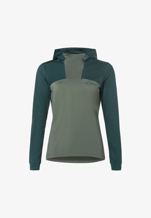 Maglia con cappuccio a maniche lunghe in verde scuro e oliva, caratterizzata da una texture liscia, pannelli a contrasto e un discreto logo del marchio sul fronte.
