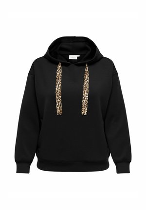 Melnā kapuce ar leopardu apdrukas auklām, mīksta auduma, brīva piegriezuma un ribotiem piedurknēm un apakšmalai papildu komfortam.