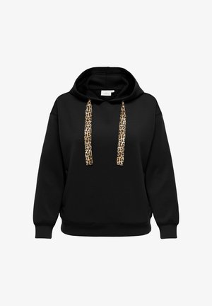 Melnā kapuce ar leopardu apdrukas auklām, mīksta auduma, brīva piegriezuma un ribotiem piedurknēm un apakšmalai papildu komfortam.