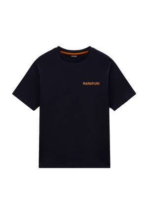 T-shirt noir à manches courtes avec col rond et petit logo orange "NAPAPIJRI" sur la poitrine gauche.