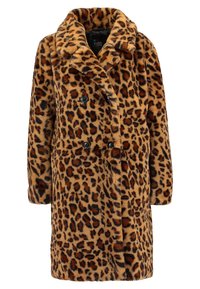 Cappotto in pelliccia finta con stampa leopardata, caratterizzato da un design doppiopetto, colletto a punte, due chiusure con bottoni neri e tasche laterali.