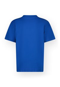Kék, rövid ujjú pamut póló. Kerek nyakkivágással és sima, mintázat nélküli designnal rendelkezik, sima textúrával.