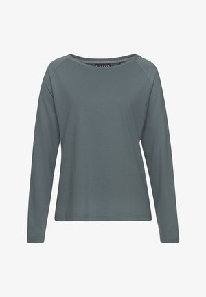 Langärmelig shirt met ronde hals in geblust blauwgrijs, eenvoudig ontwerp met rechte zoom en raglanmouwen.