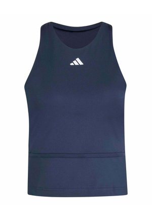 Débardeur de sport bleu marine sans manches avec encolure ronde et petit logo Adidas blanc centré sous le col.