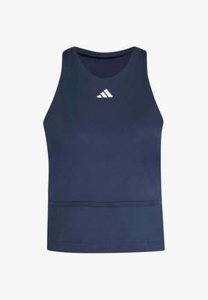 Débardeur de sport bleu marine sans manches avec encolure ronde et petit logo Adidas blanc centré sous le col.