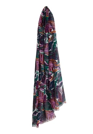 Écharpe légère et semi-transparente avec un motif feuille abstrait coloré en violet, vert, orange et noir, suspendue verticalement.