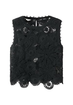 Zwart mouwloos gehaakt kanten crop top met bloemenpatronen en een geschulpte zoom, met een kleine keyhole-knoopsluiting aan de achterkant.