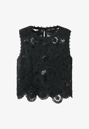 Zwart mouwloos gehaakt kanten crop top met bloemenpatronen en een geschulpte zoom, met een kleine keyhole-knoopsluiting aan de achterkant.