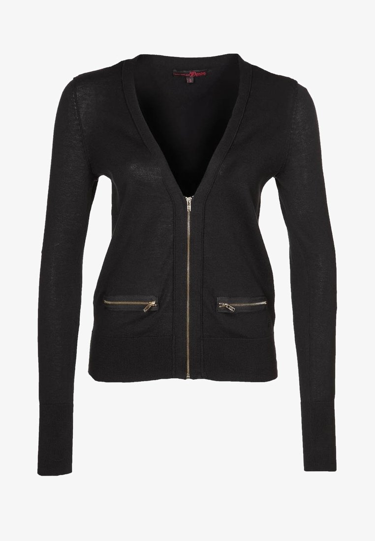 Cardigan noir à fermeture éclair, manches longues, col en V et deux poches avant zippées. Fabriqué en tissu léger et texturé.
