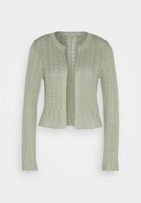 Ljusgrön stickad cardigan med en texturerad kabelmönster, långa ärmar och ribbad fåll. Öppen fram, kort design och dentellerade kanter.