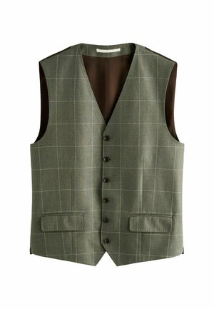 Gray sleeveless buttoned vest with subtle windowpane pattern and two front flap pockets, lined with dark brown fabric.