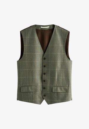 Graue ärmellose Weste mit Knöpfen, dezentem Fenstermuster und zwei vorderen Klappentaschen, gefüttert mit dunkelbraunem Stoff.