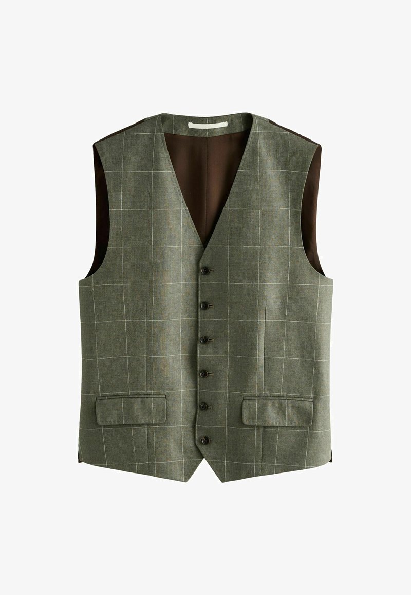 Sivá vesta bez rukávov so zapínaním na gombíky, s jemným vzorom okienok a dvoma prednými náprsníkmi s chlopňami, podšitá tmavohnedou látkou.