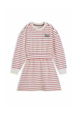 Biała sukienka z długim rękawem w czerwone poziome paski z elastyczną talią, z haftem "Tommy Hilfiger" na piersi.
