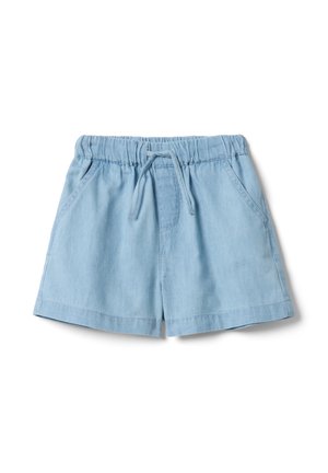 Pantalones cortos casuales azul claro con cintura elástica, cordón ajustable, bolsillos laterales y dobladillo recto sobre un fondo blanco.