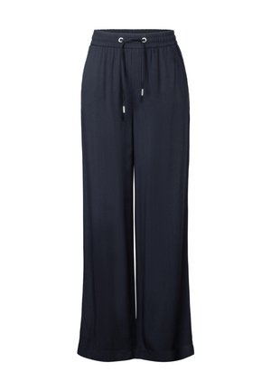 Marineblaue weit geschnittene Hose mit einem Kordelzugbund, aus weichem Stoff gefertigt. Mit silbernen Beschlägen an den Enden des Kordelzugs.