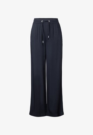 Marineblaue weit geschnittene Hose mit einem Kordelzugbund, aus weichem Stoff gefertigt. Mit silbernen Beschlägen an den Enden des Kordelzugs.