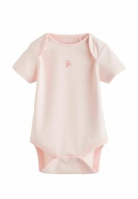 Short-sleeve pink bodysuit made of soft fabric featuring a small floral embroidery design on the chest and snap closure at the bottom.