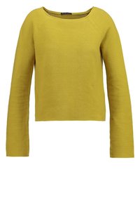 Pull court jaune avec une texture côtelée, un large décolleté et des manches longues. Conçu pour un ajustement décontracté.