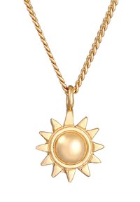 Halskette in Goldfarbe mit einem sonnengestaltigen Anhänger, der eine zentrale Perle und spitze Strahlen aufweist, befestigt an einer gedrehten Kette.