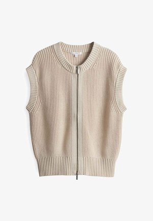 Beige Strickweste mit kurzen Ärmeln, rundem Ausschnitt, Reißverschluss vorn und rippenförmigem Saum. Strukturmuster durch den gesamten Stoff.