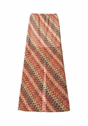 Jupe maxi en tissu tissé avec des motifs géométriques vibrants de rouge, brun et beige. Présente une taille haute et une silhouette évasée.