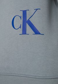 Sweatshirt gris clair arborant un logo "ck" bleu en évidence, fabriqué en tissu doux avec une texture lisse et des détails de ourlet côtelé.