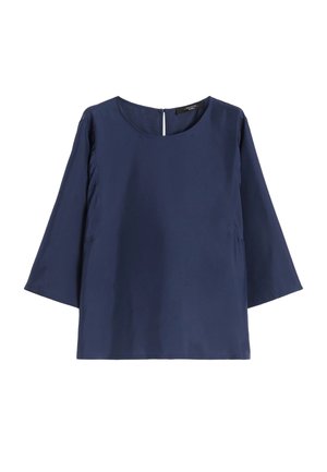 Camicia da donna blu navy con maniche tre quarti, scollo rotondo e chiusura con bottoni sul retro.