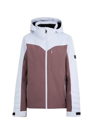 Skijacke in Braun und Weiß, aus wasserabweisendem Material. Verfügt über eine Kapuze, Reißverschlusstaschen und eine strukturierte Oberfläche an den Ärmeln.