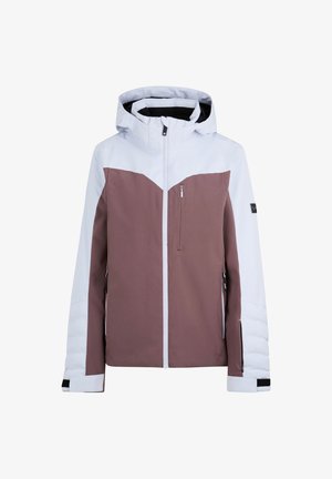 Ski jacket in brown and white, made of water-resistant fabric. Features a hood, zippered pockets, and a textured finish on sleeves.