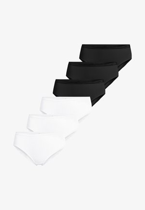 Zestaw sześciu bezszwowych damskich majtek, trzy czarne i trzy białe, ułożone w dwóch rzędach na białym tle.