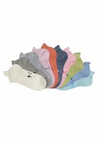 Colorful pack of ten pairs of ankle socks in various shades, made from a soft, stretchy fabric with a ribbed texture and size markings.