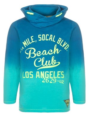 Bluza z kapturem z gradientem od niebieskiego do turkusowego z żółtym napisem „Beach Club Los Angeles”, długie rękawy i wysoki kołnierz z guzikami.