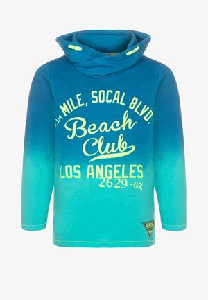 Blå til turkis gradient hættetrøje med gul tekst "Beach Club Los Angeles", lange ærmer og høj hals med knapdetaljer.