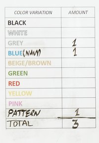 Tableau répertoriant les variations de couleurs avec les montants ; inclut noir, blanc, gris, bleu (marine), beige/marron, vert, rouge, jaune, rose, motif, et total.
