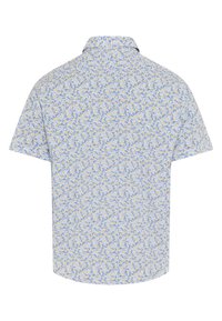Short-sleeve button-up shirt with a small floral pattern in blue, yellow, and white, shown from the back.