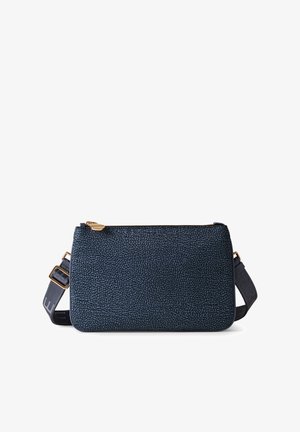Navy blue crossbody bag made of textured fabric with a zip closure, adjustable strap, and gold-tone hardware accent.